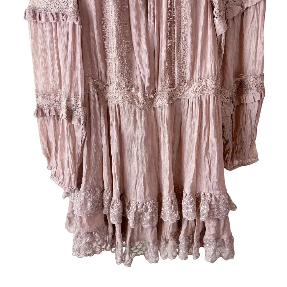 By Anthropologie Lace Pleated Mini Dress Long Sleeve Tiered Brown‎ Dress Sz XS
